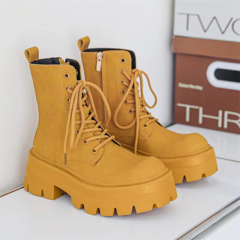 Men's British Style Black Side Zip Platform Motorcycle Boots
