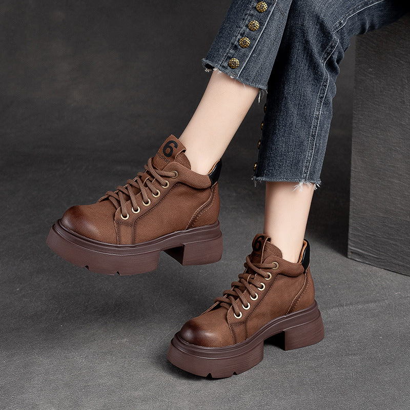 Women's Autumn Round Toe Solid Color Front Martin Versatile Fashion Platform Women's Leather Boots