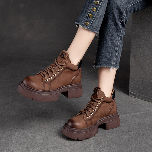 Women's Autumn Round Toe Solid Color Front Martin Versatile Fashion Platform Women's Leather Boots