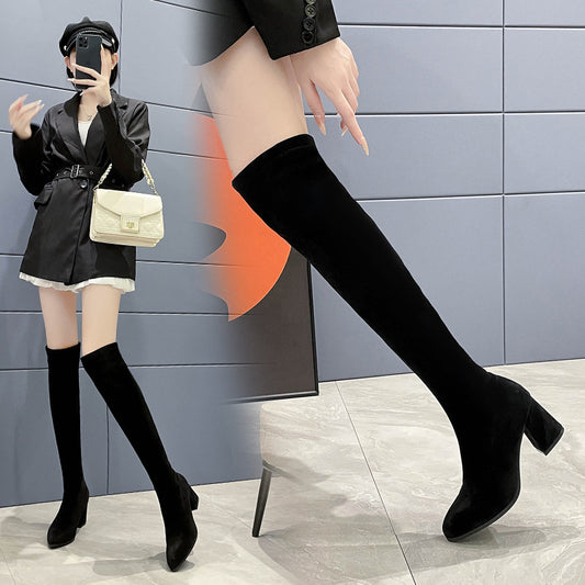 Women's Tube Over The Knee Can't Fall Off Four Sides Elastic Women's Leather Boots