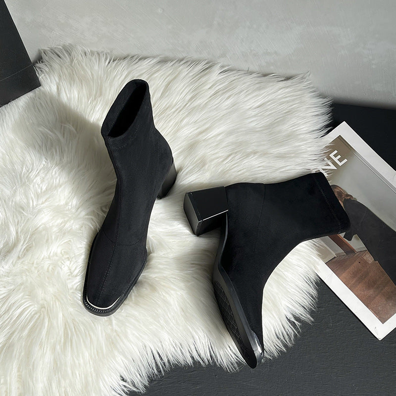 Women's Stitching Square Toe Booties Chunky High Skinny Joker Martin Boots
