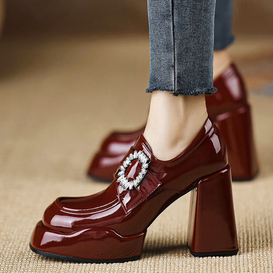 Women's British Style Vintage Patent Chunky Pumps Spring Women's Fashion Shoes