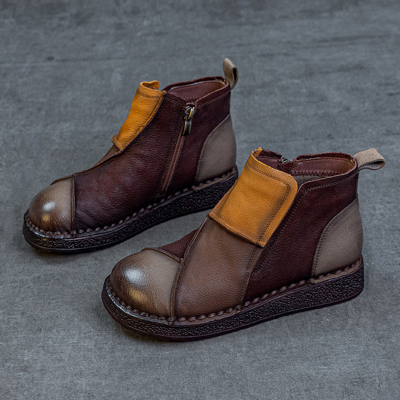 Women's Layer Cowhide Veet Warm Retro Contrast Color Short Tube Flat Boots