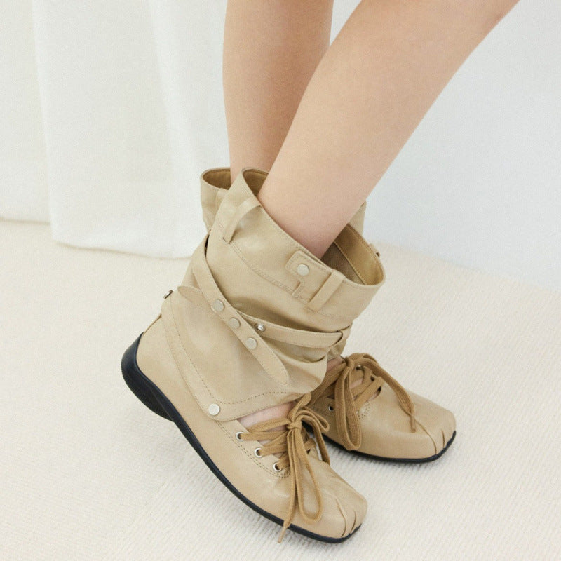 Women's Style Retro Square Toe Belt Buckle Detachable Two-way Thick Women's Leather Boots