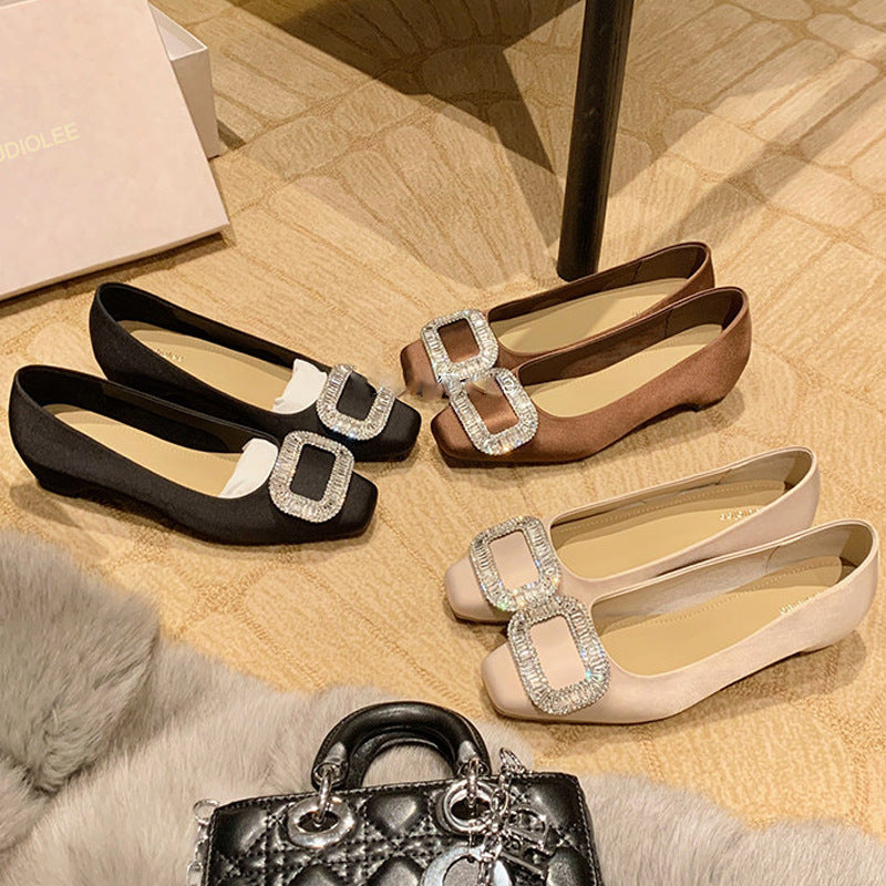 Women's Cowhide Version Rhinestone Square Buckle Toe Satin Shallow Mouth With Heels
