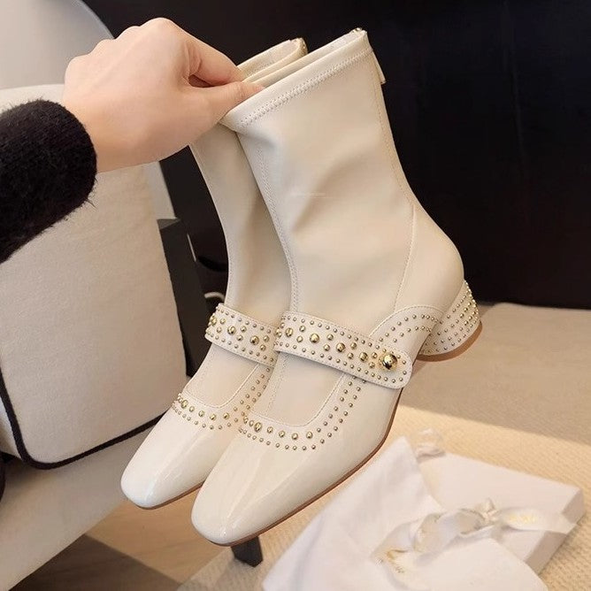 Square Toe Rivet Strap Knight Thick Thin Female Grape Women's Leather Boots
