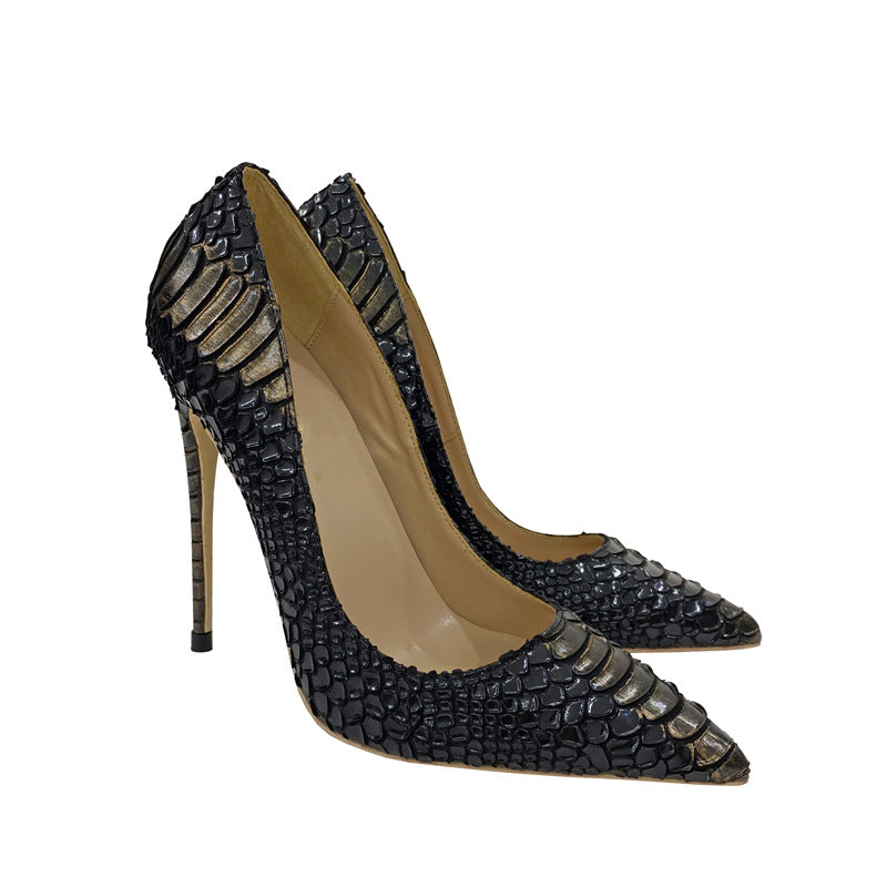 Women's Snakeskin High Pointed Toe Stiletto Low-cut Women's Fashion Shoes
