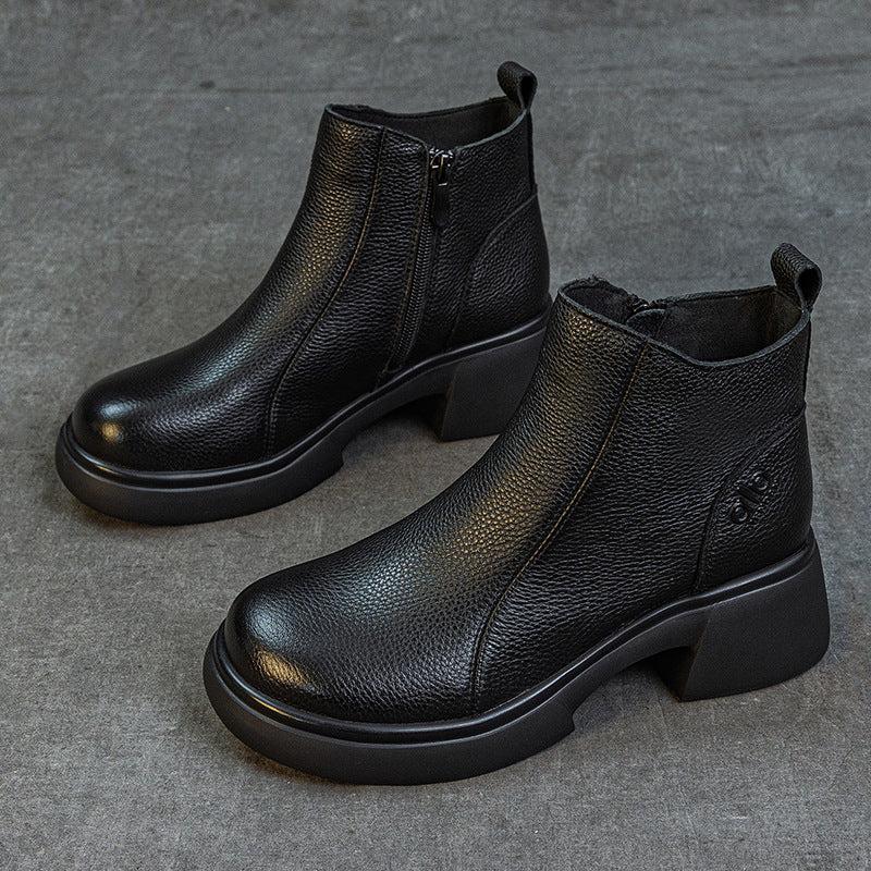 Women's First Layer Cowhide Martin Retro British Style Genuine Medium Heels