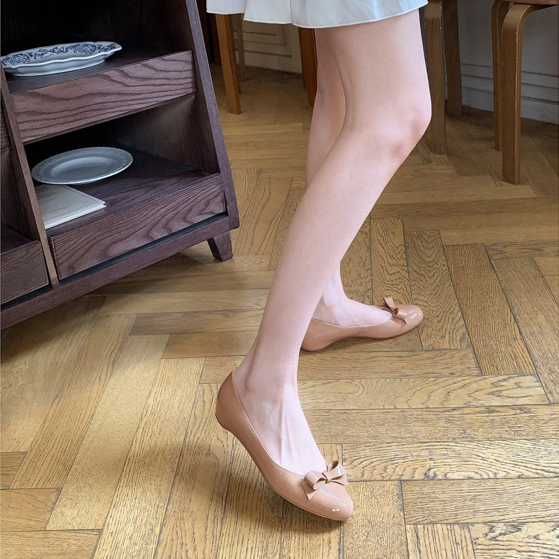Women's Style Bow Flat Nude Color Round Toe Pumps Height Increasing Women's Fashion Shoes