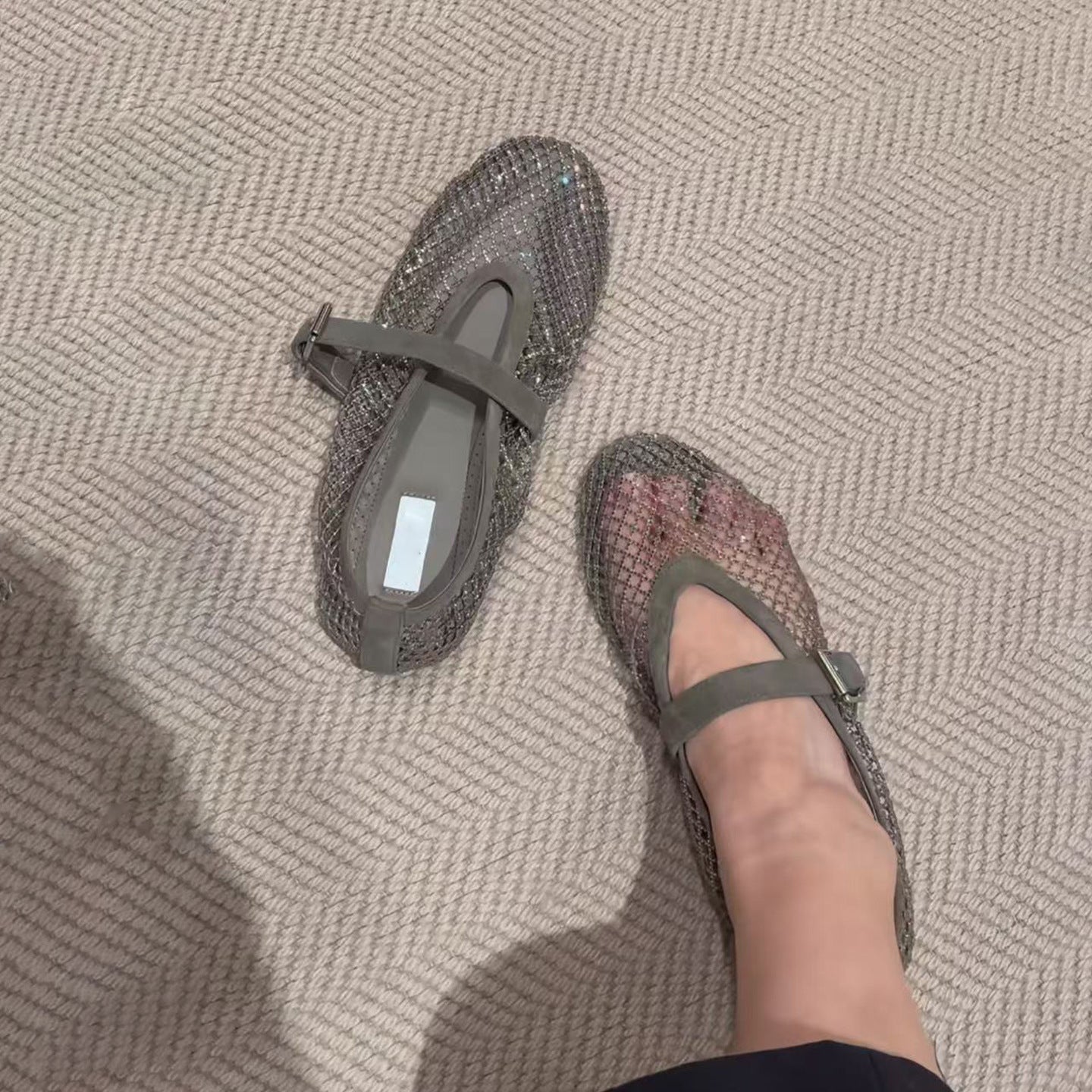 Women's Wire Mesh Flat Pumps Round Toe Hollow Breathable Fisherman Mary Women's Fashion Shoes