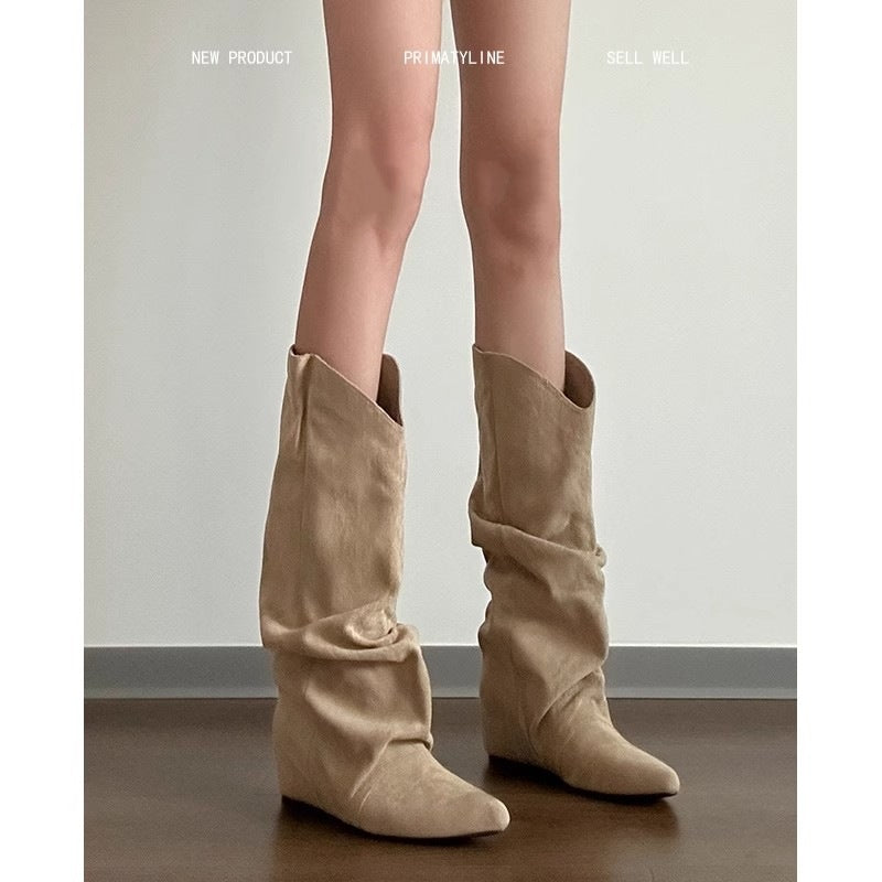 Women's Western Cowboy Waste Soil Style Pile For Height Increasing Insole Women's Leather Boots