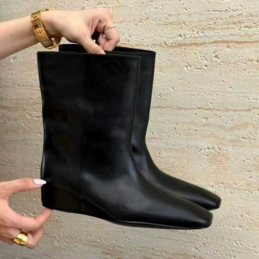 Women's Square Head Slimming Simple Height Increasing Insole Wide Tube Knight Women's Leather Boots
