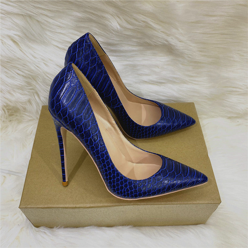 Blue With Snake Texture High Pointed Toe Stiletto Heels