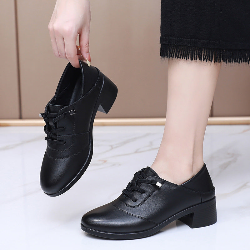 Women's British Style First Layer Cowhide Chunky Slip-on Women's Casual Shoes