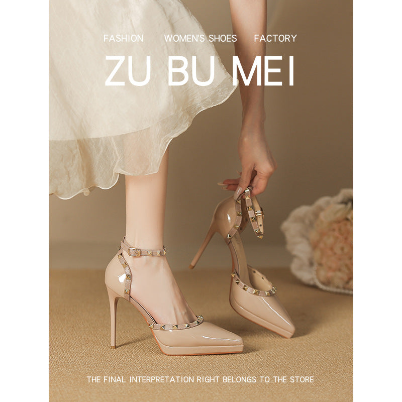 One-word Hollow High Pointed Toe Stiletto Rivet Waterproof Platform Not Heels