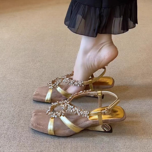 Women's Cowhide Niche High-grade Gold Rhinestone Wedge Summer Abnormal Heels