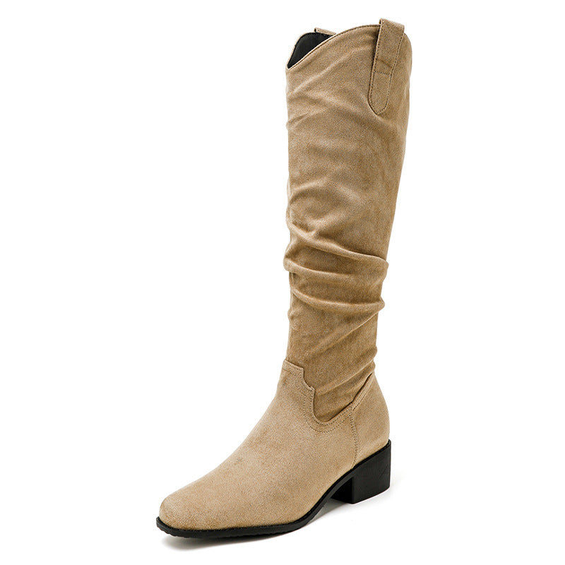 Style Retro Coffee Color Pile Western Cowboy High Leg Women's Leather Boots