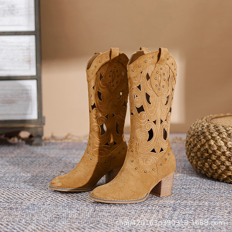 Women's Hollow Booties Rivet Retro Ethnic Style Thick Bottom Motorcycle Chunky Women's Leather Boots