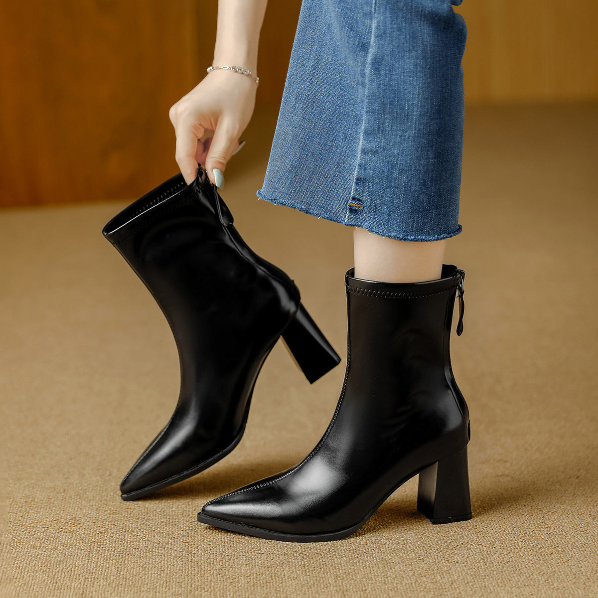 Women's Pointed Toe Chunky Booties Style Versatile Simple Back Zipper With Women's Leather Boots
