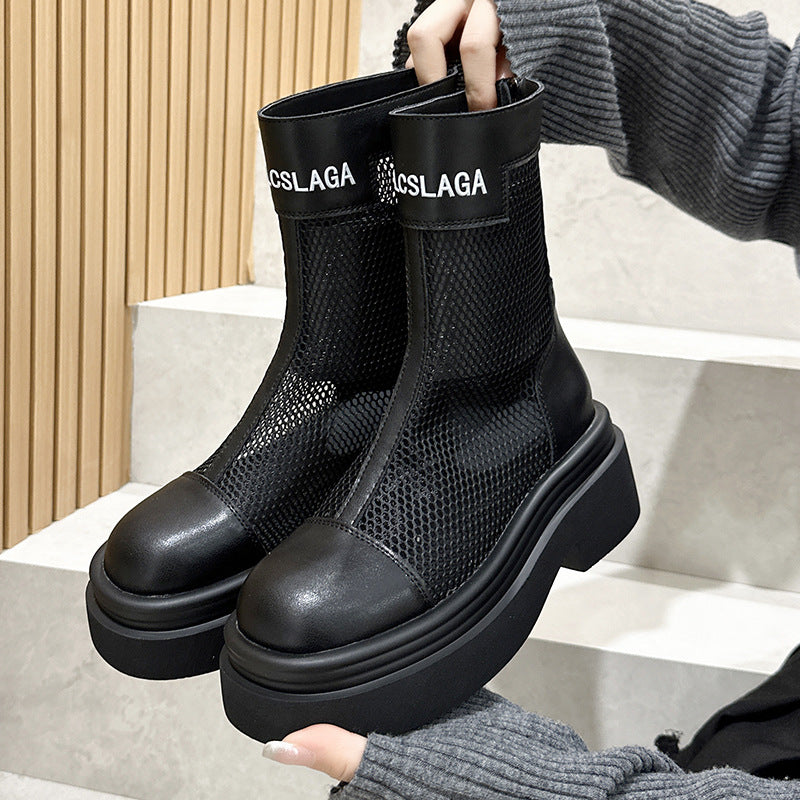 Women's Style Mesh Zipper Letters Roman Show Women's Leather Boots