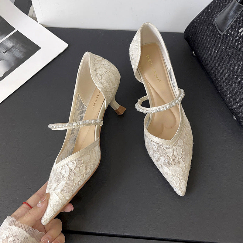 Women's Style Mesh Pointed High Stiletto Low Pearl Women's Fashion Shoes
