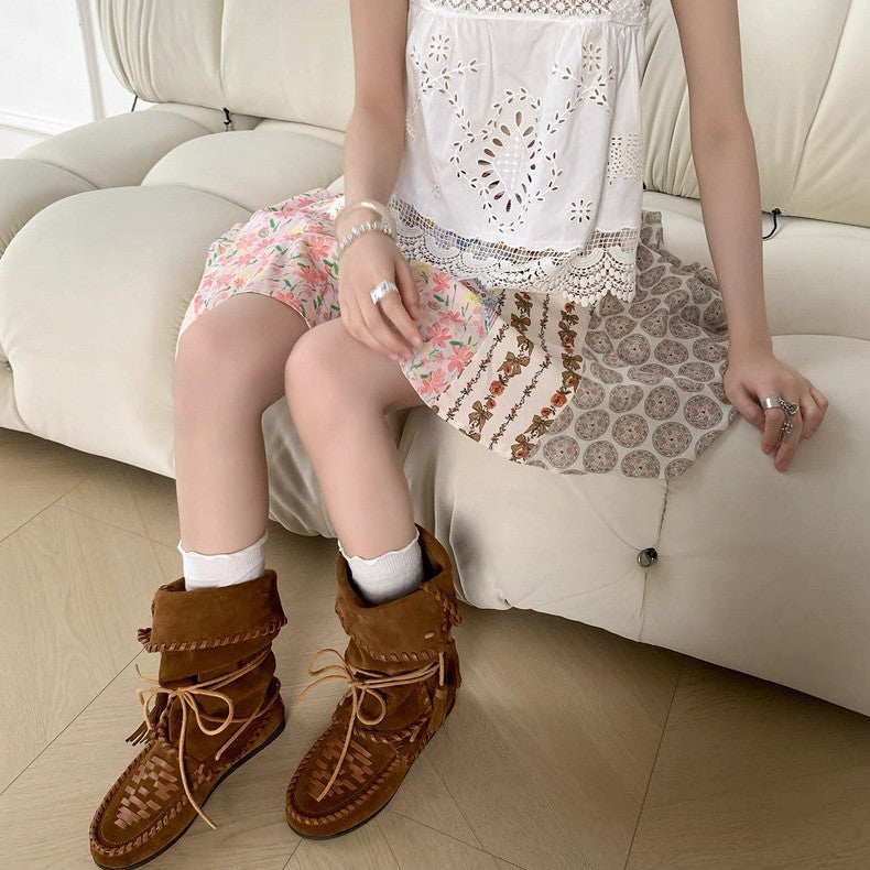 Style Slimming Tied Height Increasing Insole Retro Tassel Western Foldable Boots
