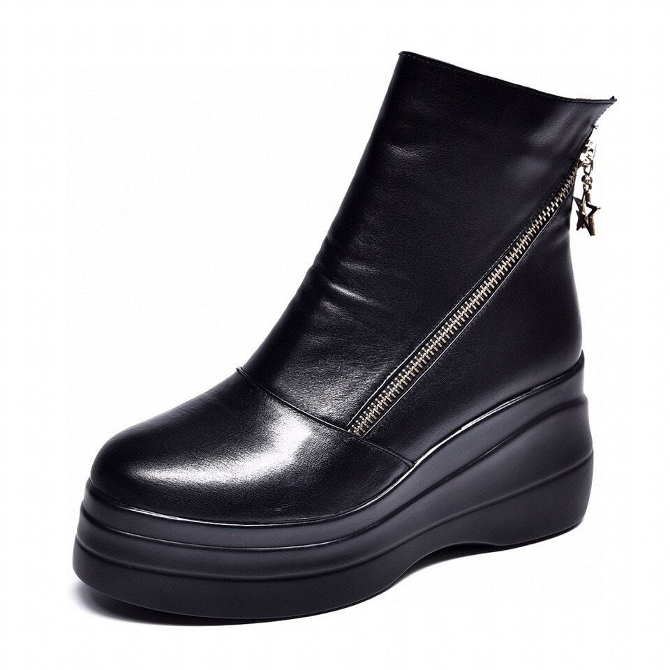 Women's Spring Thin Genuine Soft Bottom Muffin Height Increasing Plus Women's Leather Boots