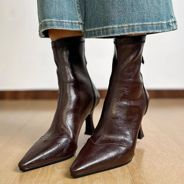 Women's High Pointed Martin Back Skinny Zip Ankle Women's Leather Boots