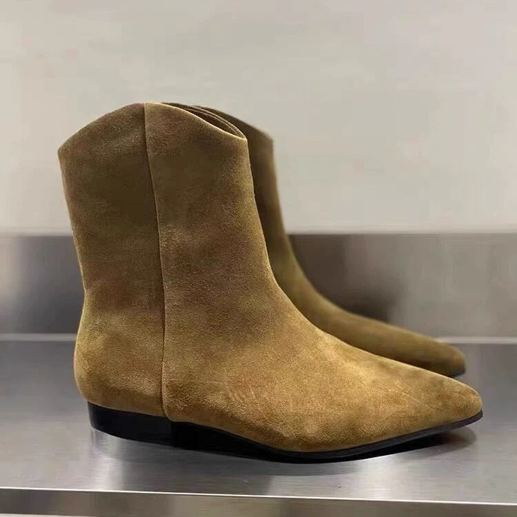 Women's Sheepskin Version Minimalist Suede Pointed Flat Skinny Short Fleece-lined Western Women's Leather Boots