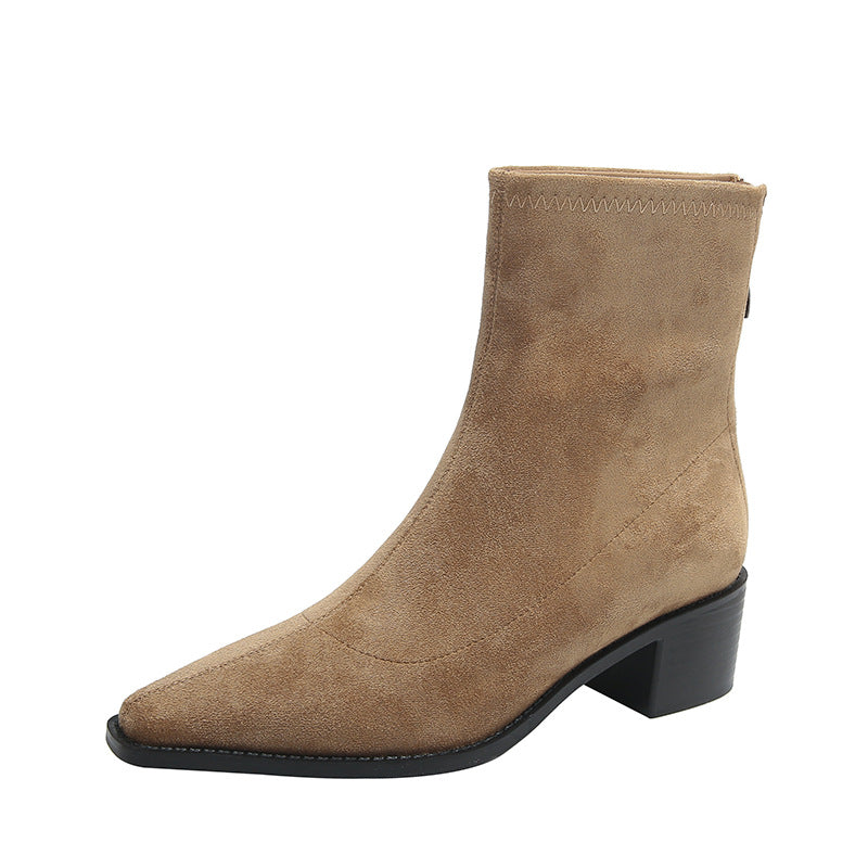 Women's Spring Single Thick Back Zipper French Suede Women's Leather Boots