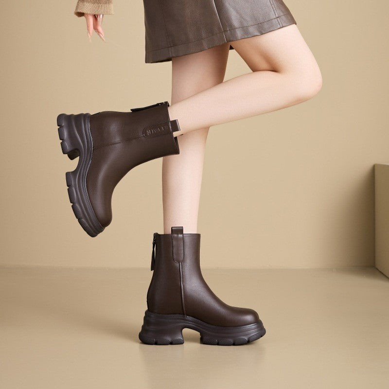 Women's Martin Thick-soled Short Fleece Lined Fashion Zipper Women's Leather Boots