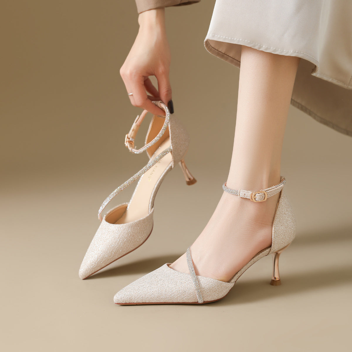 Women's French Style Stiletto Cross Rhinestone Sexy Hollowed Heels