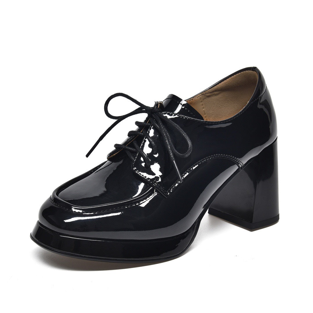 Women's Chunky Pumps Simple Pure Color Tied Western Style Patent Heels