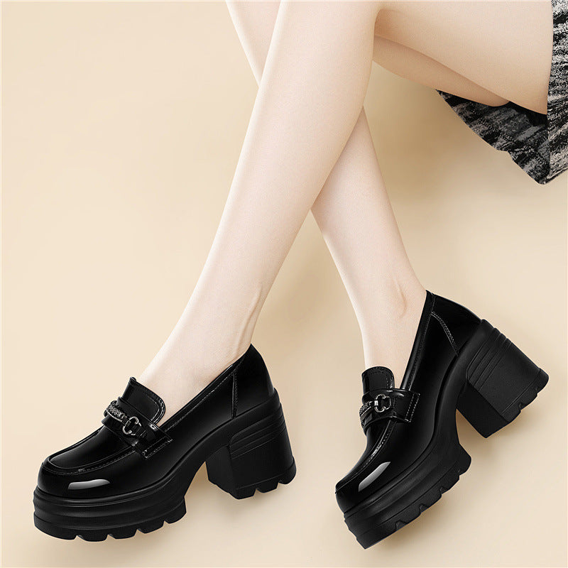 Women's Retro British Style Uniform Pumps Platform Slip-on Leather Shoes