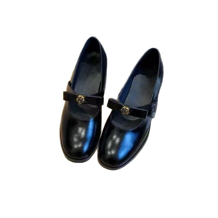 Women's Retro Commuter Bow Camellia Shallow Mouth Pumps Chunky Genuine Mary Women's Fashion Shoes