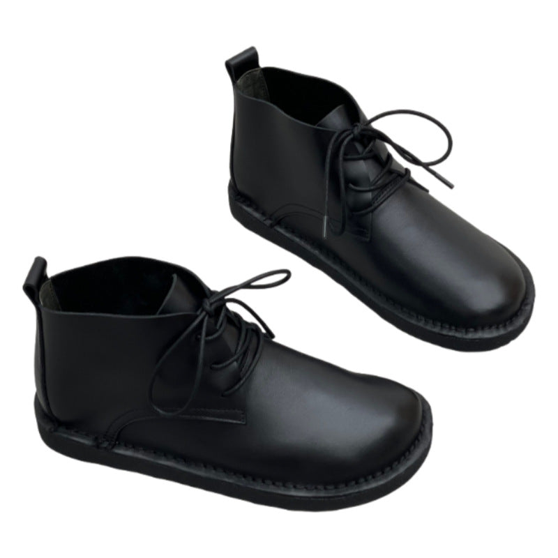 Women's First Layer Cowhide Artistic Crafts Matte Genuine Round Toe Flat Women's Leather Boots