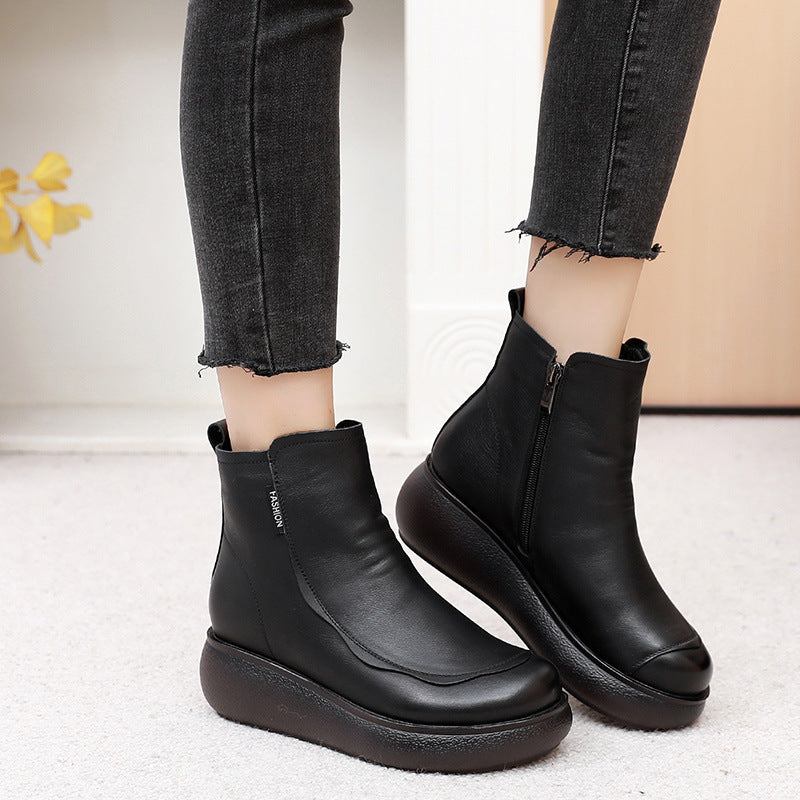 Women's Plus Veet Thermal Mom Round Toe Side Women's Leather Boots