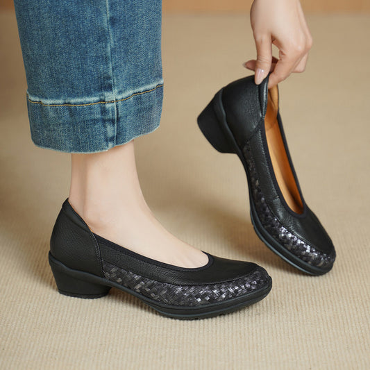 Women's Sense Niche Woven Round Toe Pumps Chunky Soft Bottom Women's Fashion Shoes
