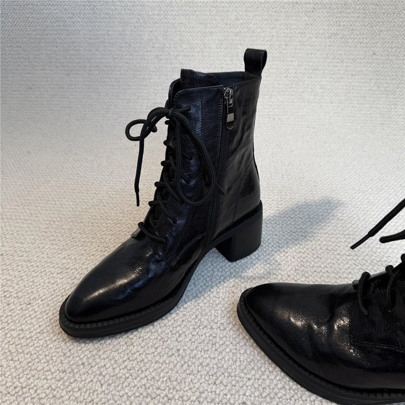 Women's Retro British Style Lace Martin Soft Chunky Short High Women's Leather Boots