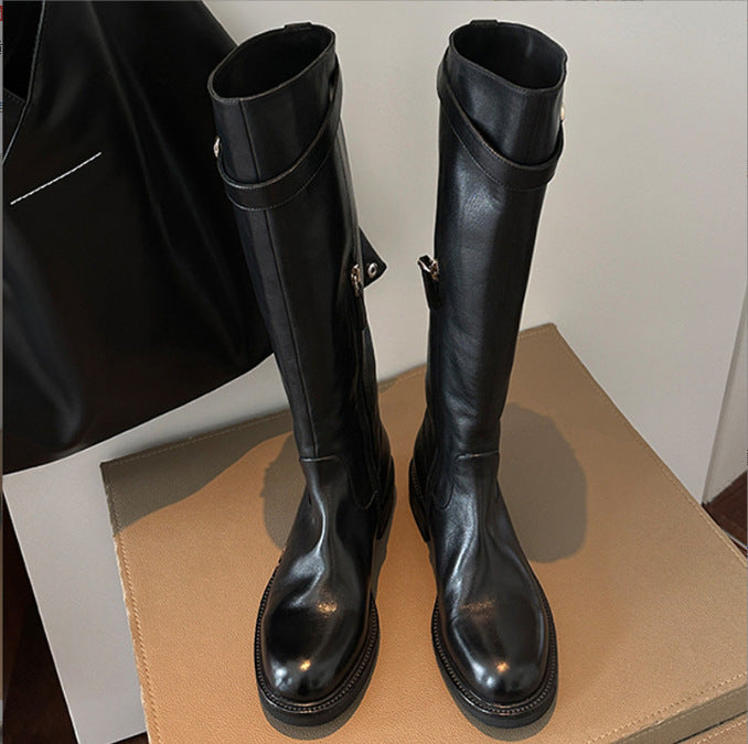 Women's Version Washed Horse Round Head Chunky Thick Bottom Raised Leg Boots