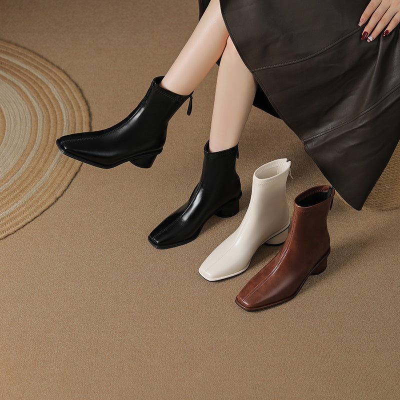 Women's High-grade Square Toe Booties Soft Bottom Fashion Chunky Chelsea Women's Leather Boots