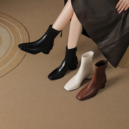 Women's High-grade Square Toe Booties Soft Bottom Fashion Chunky Chelsea Women's Leather Boots