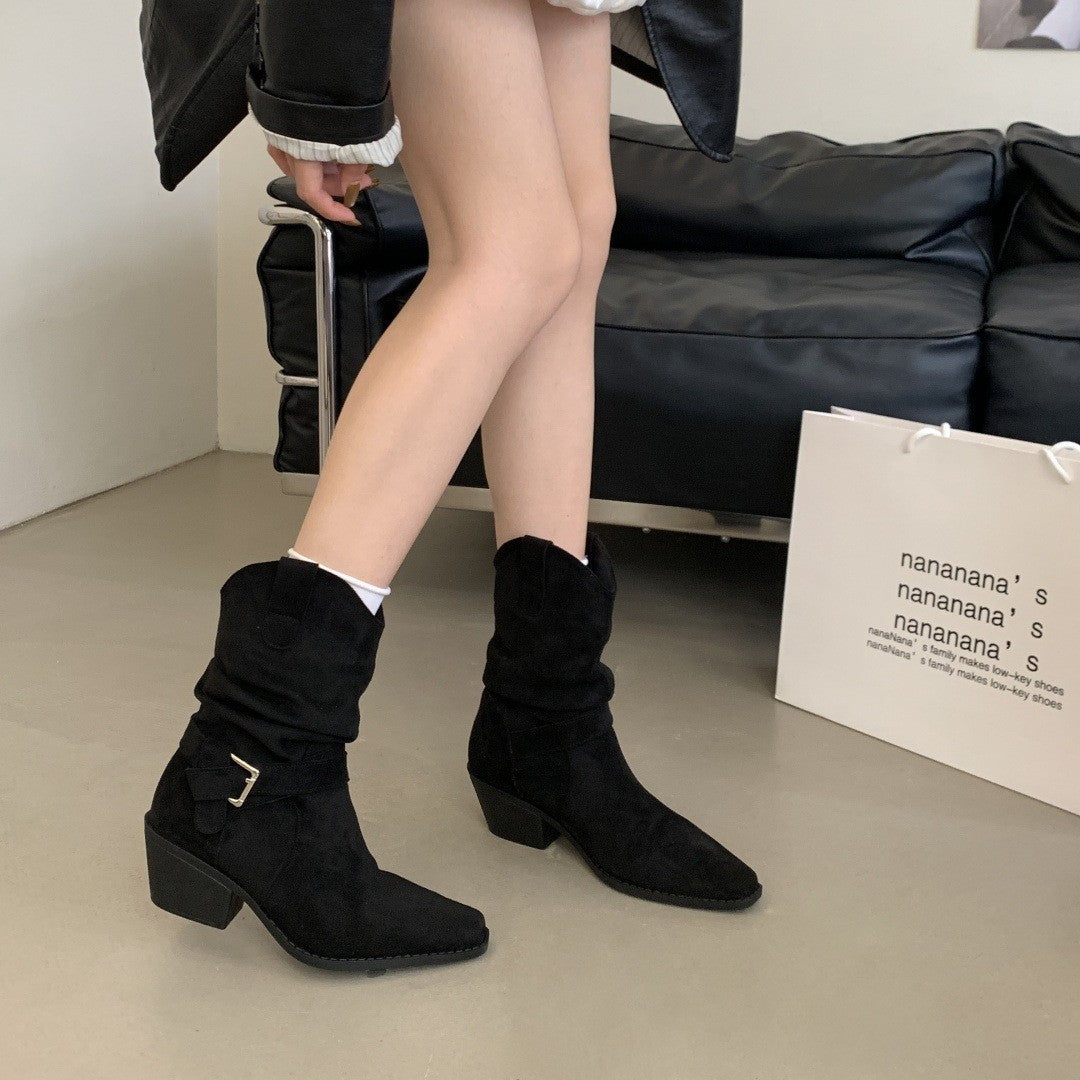 Women's Queen Style Retro Chunky Western Cowboy Autumn Height Increasing Short Women's Leather Boots