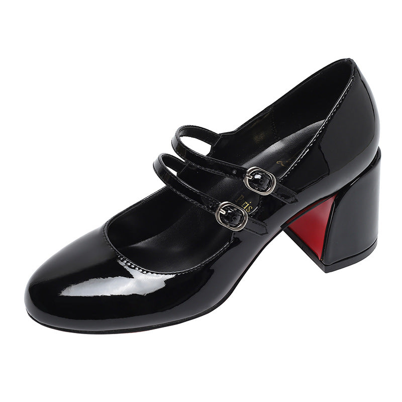 Round Head Double Buckle Chunky Mary Jane High Pumps Women's Fashion Shoes