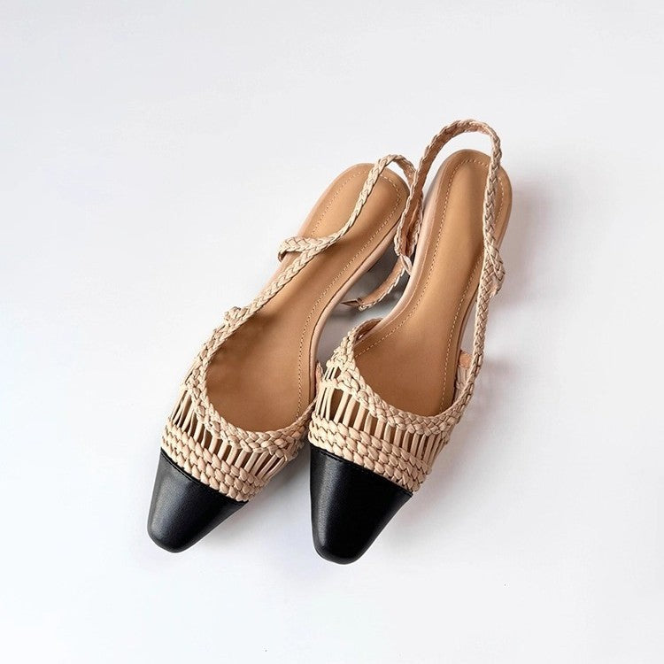 Women's Sheepskin Version Weaving Hollow Square Toe Chunky Back Empty Stitching Sandals