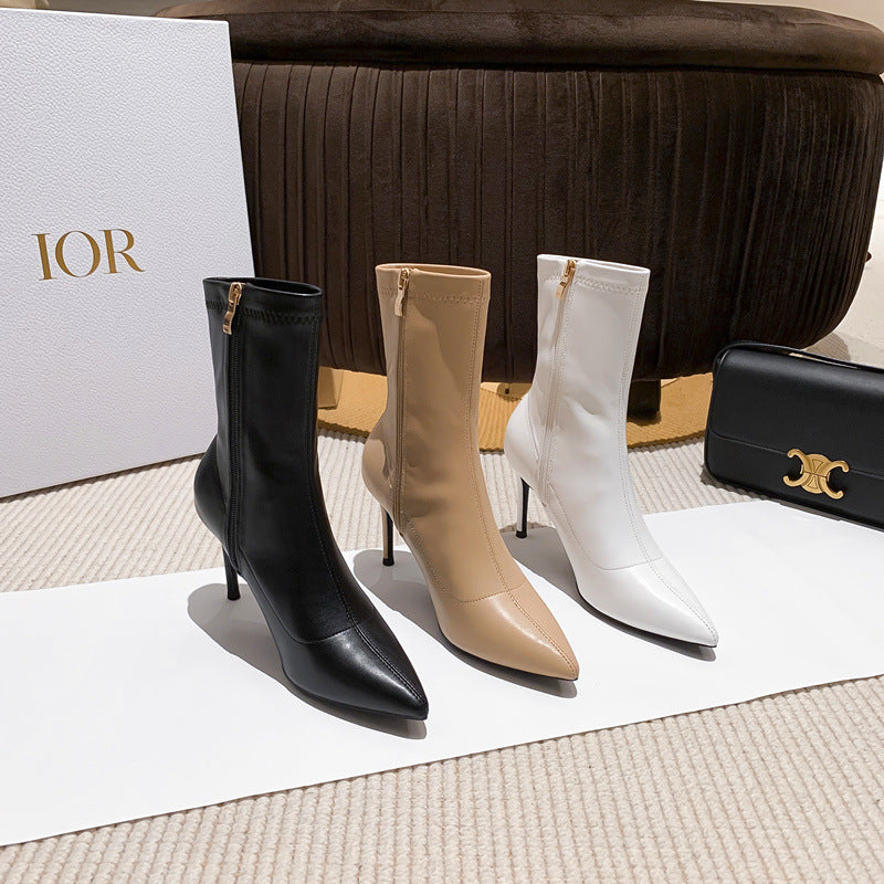 Side Zipper Surface Pointed Korean Style Women's Leather Boots