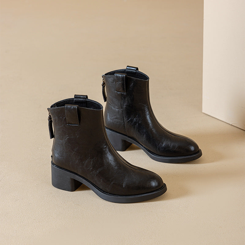 Women's Thin Winter Fleece-lined Warm Chunky Ankle Women's Leather Boots