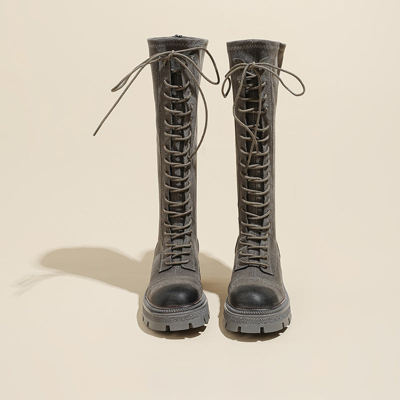 Below The Knee Slimming Elastic Thick Bottom Skinny Leg Women's Leather Boots