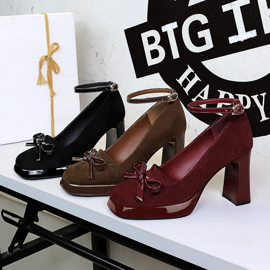 Women's Style Elegant Buckle Bow Square Toe Suede Chunky Waterproof Platform Heels