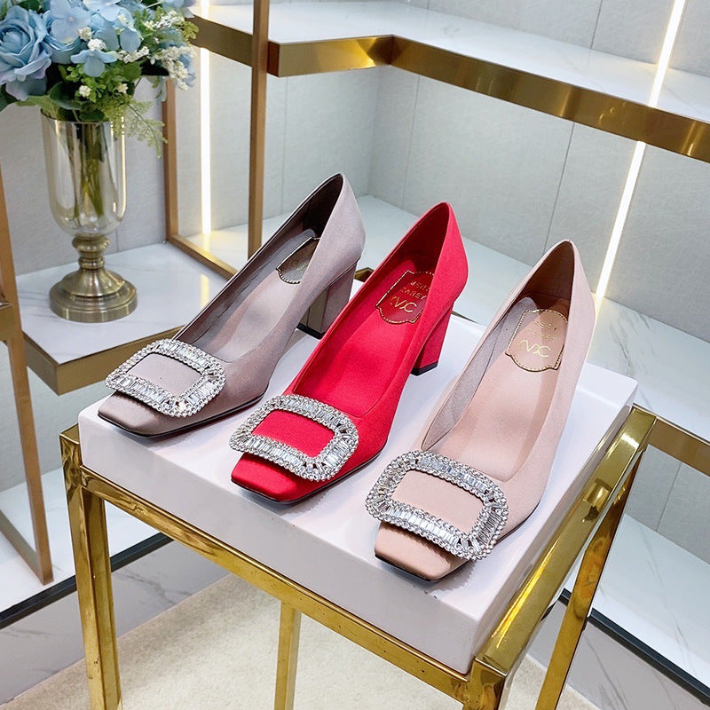 Women's Buckle Satin High Shallow Mouth Temperament Women's Fashion Shoes